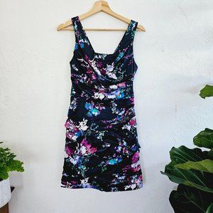 Express Satin Floral Navy Y2K 2010 Rouched Mini Dress Party 4  Prom Wedding